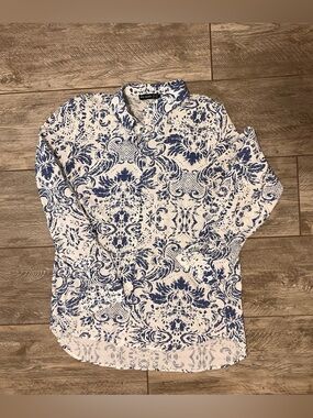 White Shirt with Blue Floral Pattern